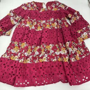 Umgee Boho Floral Eyelet Dress Size Medium Pink